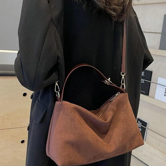 Stylish Coffee Suede Tote with Secure Zipper - Perfect for Everyday Use - Picture 4 of 7